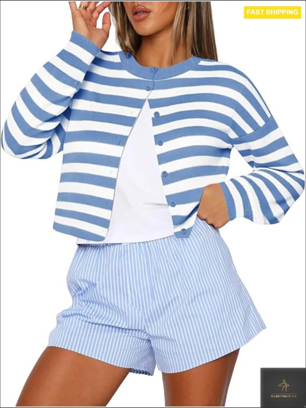 Cropped Cardigan Sweater Crew Neck Long Sleeve Button Up Lightweight Knit Y2K